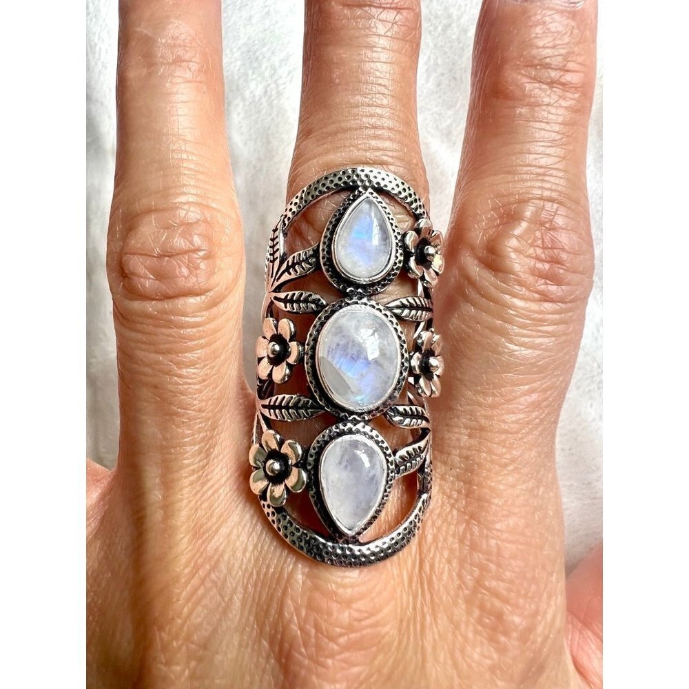925 Flower Child Rainbow Flash Moonstone Shield Ring 6 - Picture 6 of 13